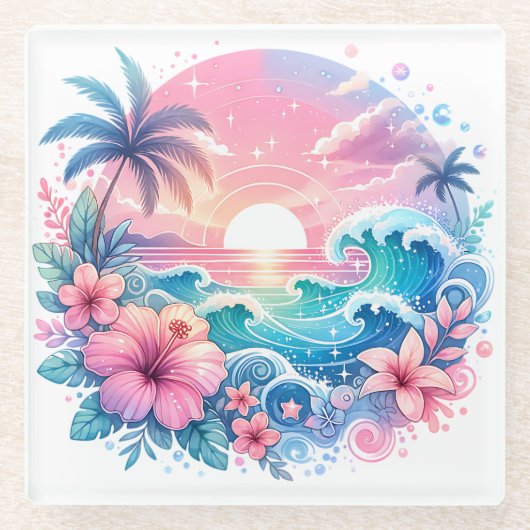 ピンクかわいらしとブルーの沿岸芸術 ガラスコースター (正面)