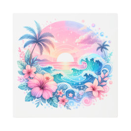 ピンクかわいらしとブルーの沿岸芸術 メタルプリント