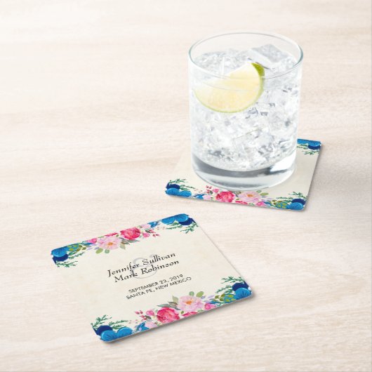 ピンクかわいらしとブルーの縁どフラ結婚ー スクエアペーパーコースター (インサイチュ)