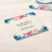 ピンクかわいらしとブルーの縁どフラ結婚ー スクエアペーパーコースター (アングル)