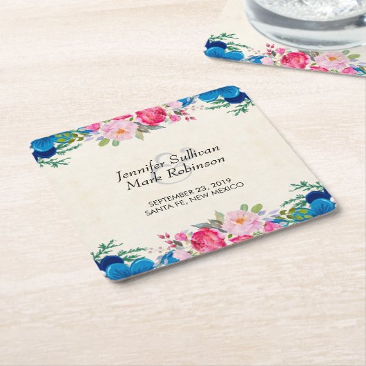 ピンクかわいらしとブルーの縁どフラ結婚ー スクエアペーパーコースター (アングル)