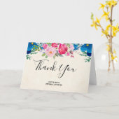 ピンクかわいらしとブルーの縁ど結婚フラワー感謝してい カード (黄色い花)