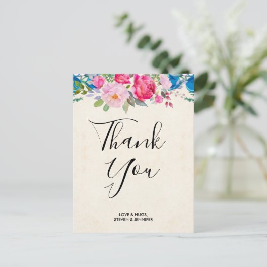 ピンクかわいらしとブルーの縁ど結婚フラワー感謝してい ポストカード (スタンド正面)