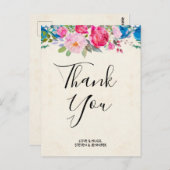 ピンクかわいらしとブルーの縁ど結婚フラワー感謝してい ポストカード (正面/裏面)