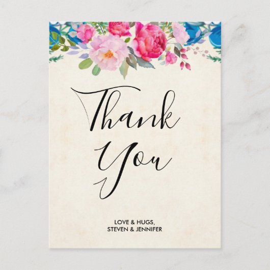 ピンクかわいらしとブルーの縁ど結婚フラワー感謝してい ポストカード (正面)