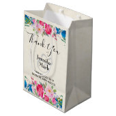 ピンクかわいらしとブルーの縁ど結婚フラワー感謝してい ミディアムペーパーバッグ (裏面アングル)