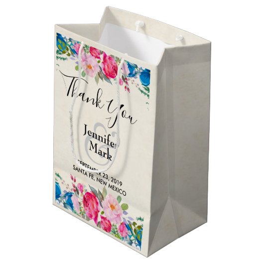 ピンクかわいらしとブルーの縁ど結婚フラワー感謝してい ミディアムペーパーバッグ (裏面アングル)