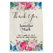 ピンクかわいらしとブルーの縁ど結婚フラワー感謝してい ミディアムペーパーバッグ (正面)