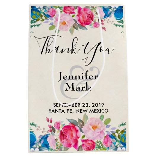 ピンクかわいらしとブルーの縁ど結婚フラワー感謝してい ミディアムペーパーバッグ (正面)