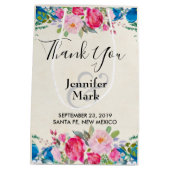 ピンクかわいらしとブルーの縁ど結婚フラワー感謝してい ミディアムペーパーバッグ (裏面)