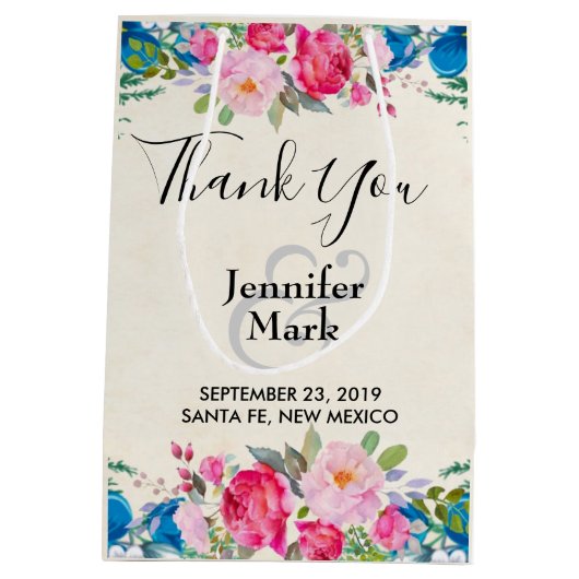 ピンクかわいらしとブルーの縁ど結婚フラワー感謝してい ミディアムペーパーバッグ (裏面)