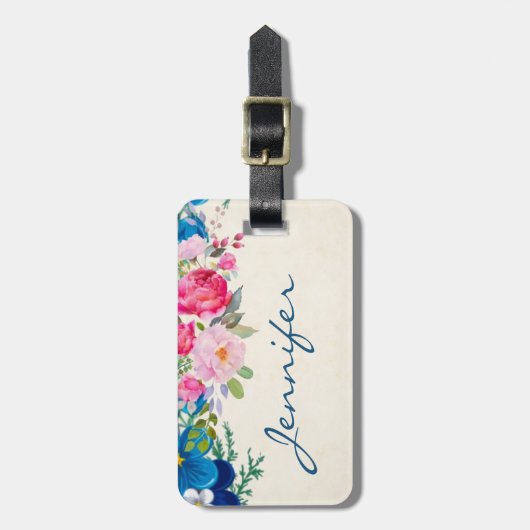 ピンクかわいらしとブルーの縁ど花 ラゲッジタグ (正面縦)