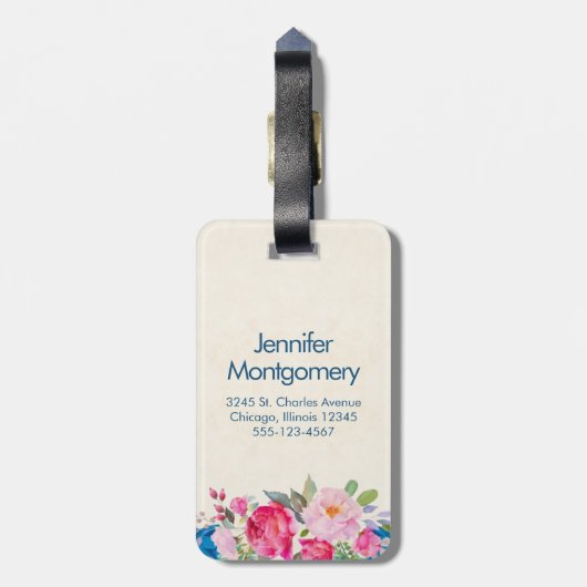 ピンクかわいらしとブルーの縁ど花 ラゲッジタグ (裏面縦)