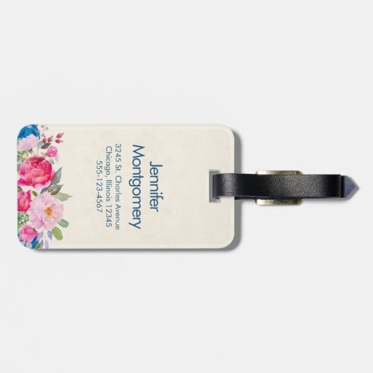 ピンクかわいらしとブルーの縁ど花 ラゲッジタグ (裏面横)