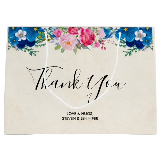 ピンクかわいらしとブルーの花が縁どありがとう ラージペーパーバッグ (正面)