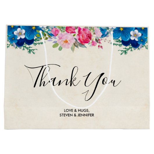 ピンクかわいらしとブルーの花が縁どありがとう ラージペーパーバッグ (裏面)