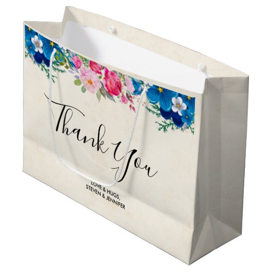 ピンクかわいらしとブルーの花が縁どありがとう ラージペーパーバッグ (正面アングル)