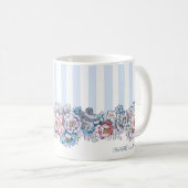 ピンクかわいらしとブルーの花とストライプ名前つき コーヒーマグカップ (正面右)