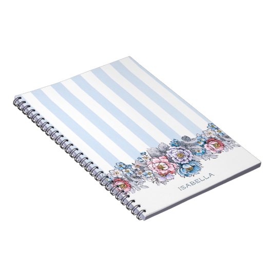 ピンクかわいらしとブルーの花とストライプ名前つき ノートブック (右側)