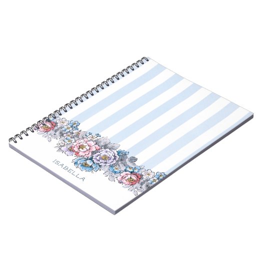 ピンクかわいらしとブルーの花とストライプ名前つき ノートブック (左側)