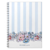 ピンクかわいらしとブルーの花とストライプ名前つき ノートブック (正面)