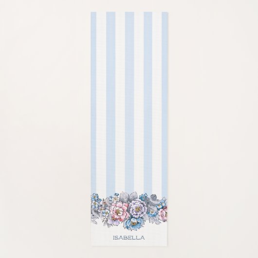 ピンクかわいらしとブルーの花とストライプ名前つき ヨガマット (正面)