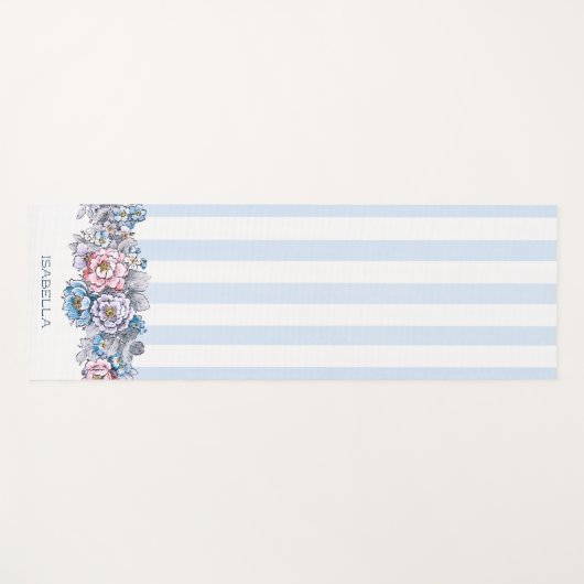 ピンクかわいらしとブルーの花とストライプ名前つき ヨガマット (正面(横))