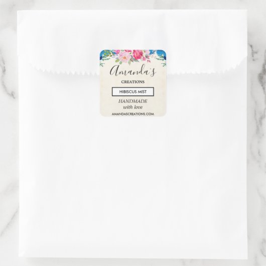 ピンクかわいらしとブルーの花縁ど業 スクエアシール (バッグ)