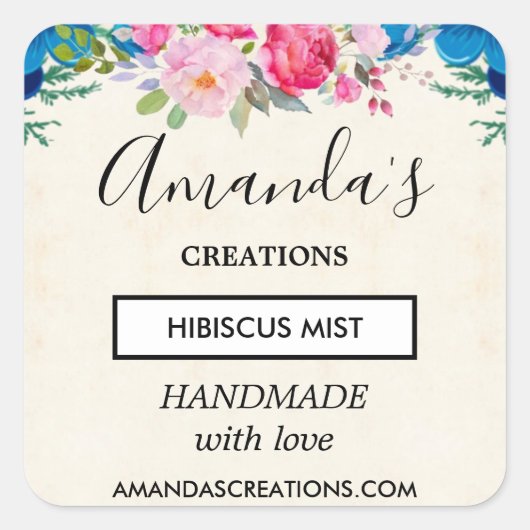 ピンクかわいらしとブルーの花縁ど業 スクエアシール (正面)