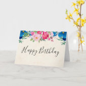 ピンクかわいらしとブルーの花縁ど誕生日 カード (黄色い花)