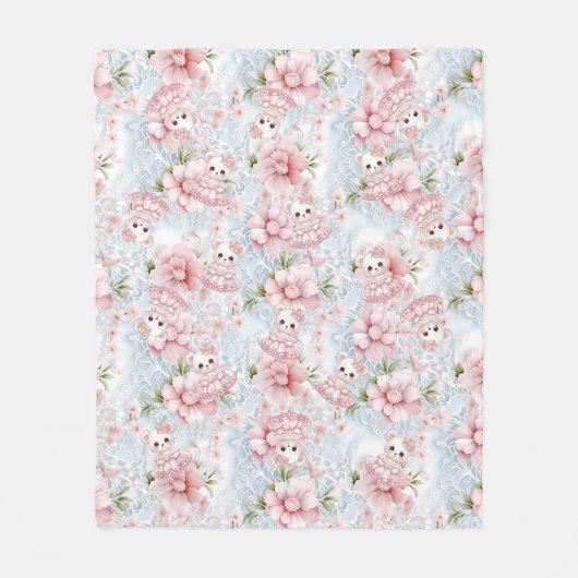 ピンクかわいらしとブルーテディベアガーリー フリースブランケット (正面)