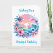ピンクかわいらしとブルー沿岸誕生日 カード (正面)