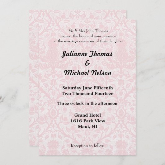 ピンクかわいらしとホワイトダマスクの結婚式 招待状 (正面/裏面)