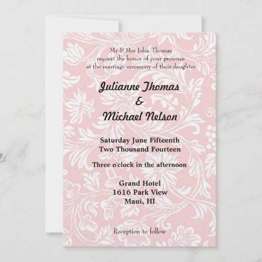 ピンクかわいらしとホワイトダマスクの結婚式 招待状 (正面)