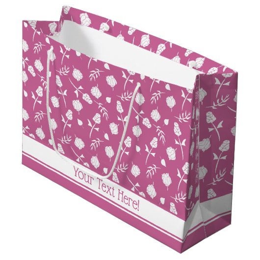 ピンクかわいらしとホワイトローズローズローズブドフローラプリント ラージペーパーバッグ (正面アングル)