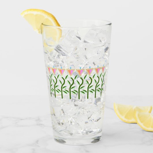 ピンクかわいらしとミントの縁ど花 タンブラーグラス (アイス正面)