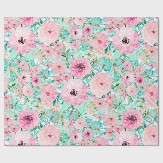 ピンクかわいらしとミントフローラの水の色の手絵を描型 ラッピングペーパー (フラット)