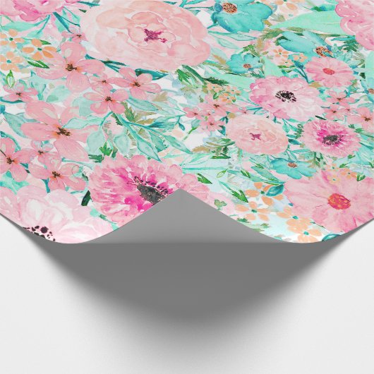 ピンクかわいらしとミントフローラの水の色の手絵を描型 ラッピングペーパー (角)