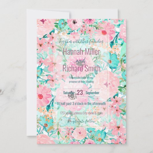 ピンクかわいらしとミントフローラの水の色の手絵を描型 招待状 (正面)