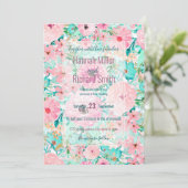 ピンクかわいらしとミントフローラの水の色の手絵を描型 招待状 (スタンド正面)