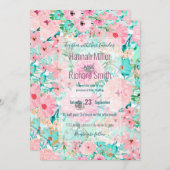 ピンクかわいらしとミントフローラの水の色の手絵を描型 招待状 (正面/裏面)