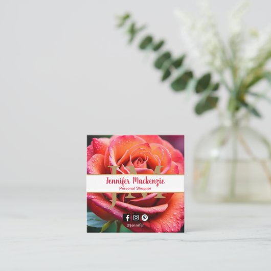 ピンクかわいらしと桃のバラAI生成 スクエア名刺 (スタンド正面)