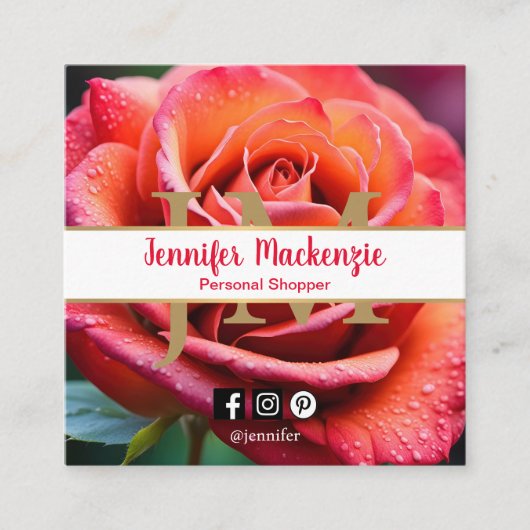 ピンクかわいらしと桃のバラAI生成 スクエア名刺 (正面)