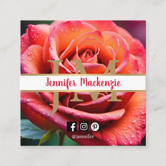 ピンクかわいらしと桃のバラAI生成 スクエア名刺 (正面)