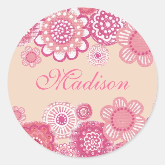 ピンクかわいらしと桃の女の子の名前のラ色彩の鮮やかベルで ラウンドシール (正面)