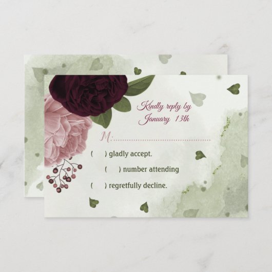 ピンクかわいらしと梅のバーガンディの花の緑 出欠カード (正面/裏面)