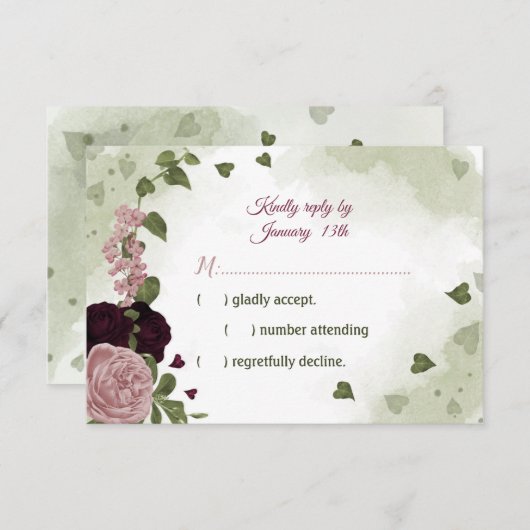 ピンクかわいらしと梅のバーガンディの花の緑 出欠カード (正面/裏面)