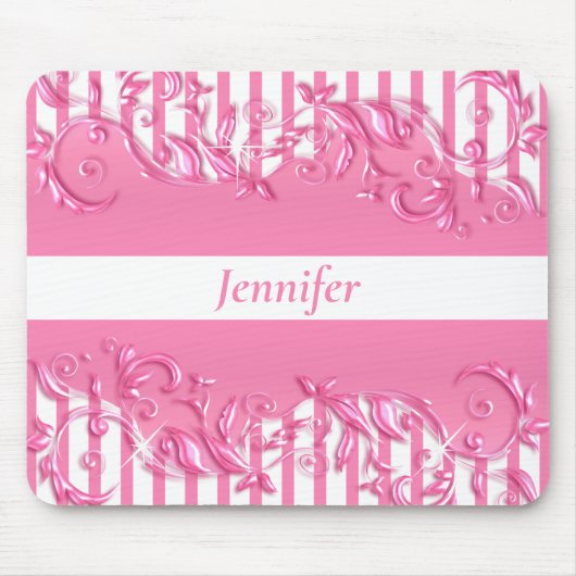 ピンクかわいらしと白のストライプフローラデザイン マウスパッド (正面)