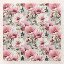 ピンクかわいらしと白のポピーのアネモネの花 ガラスコースター