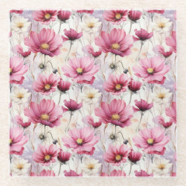 ピンクかわいらしと白のポピーのアネモネの花 ガラスコースター